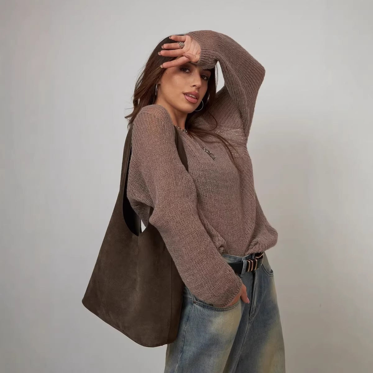 Open Knit Sweater for Women — Sheer Oversized V Neck Pullover in Lightweight Mohair