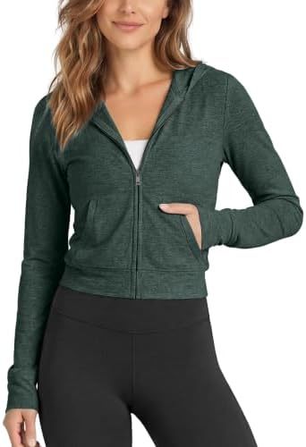 Women's hooded full-zip short hoodie, dark green with front zipper and kangaroo-style pocket