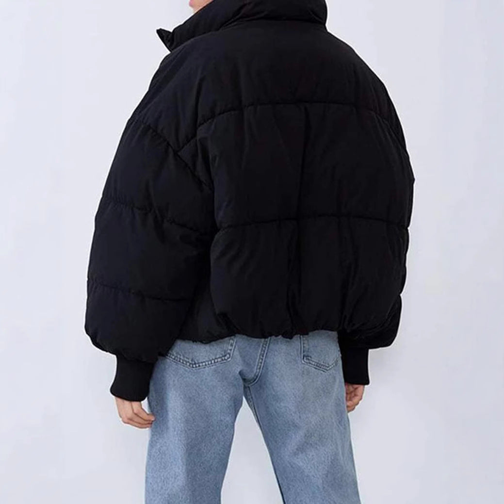 Women’s quilted cotton winter jacket, black, back view with padded diamond quilting