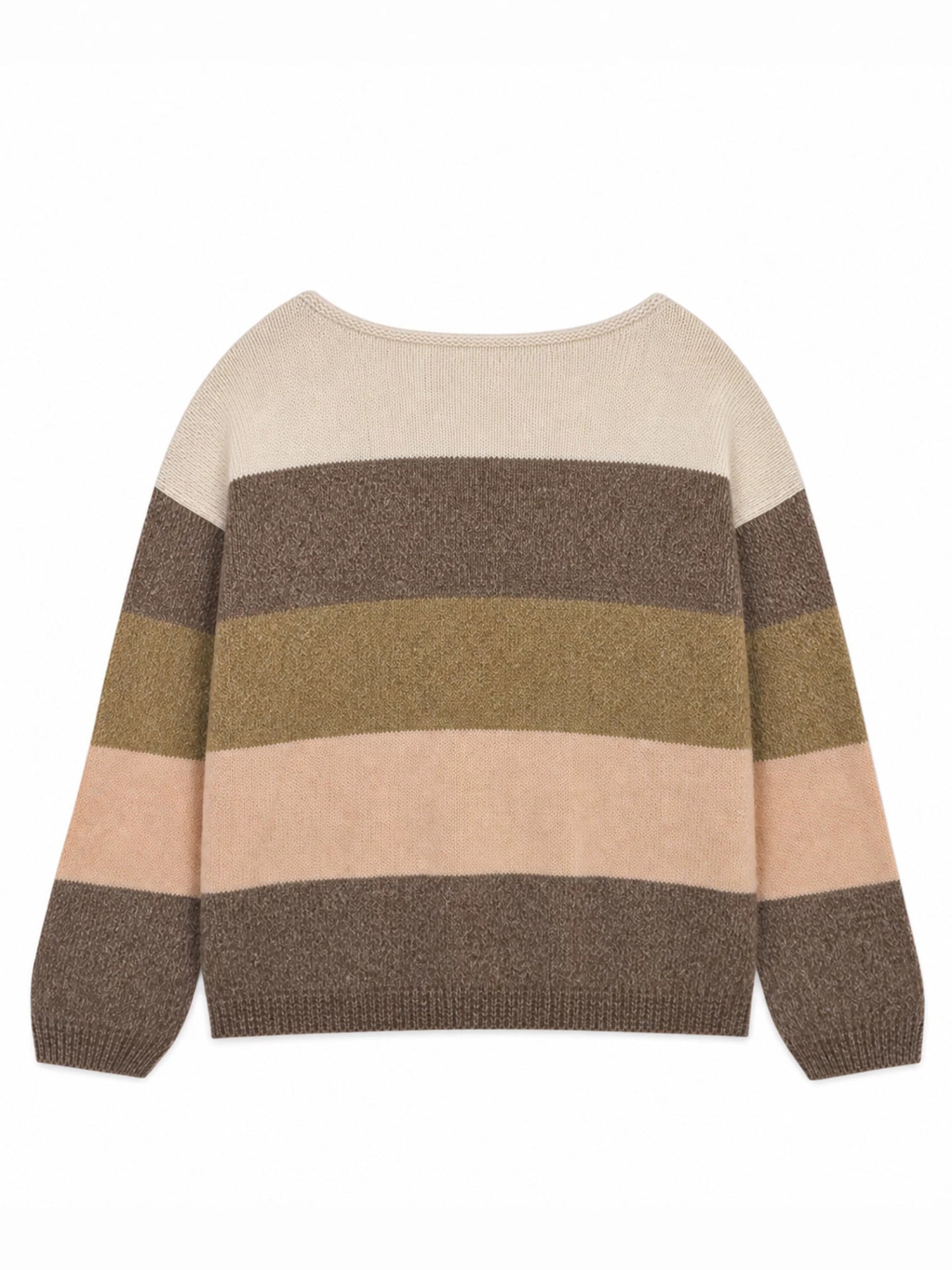 Striped knit crew neck sweater flat lay, khaki and beige brown block stripe back