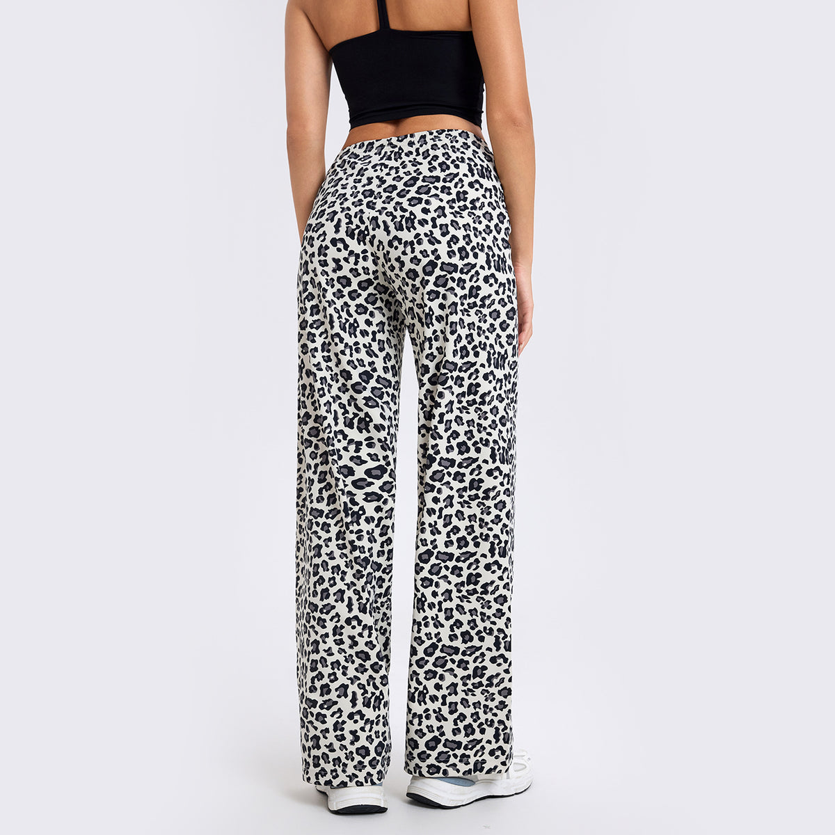 Black-and-white leopard print straight-leg pants with high-rise elastic waist