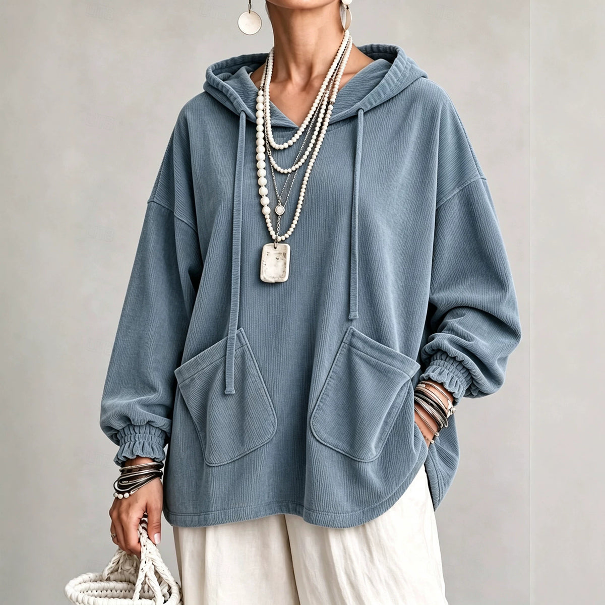 Blue corduroy hooded drawstring sweatshirt, patch diagonal flap pockets