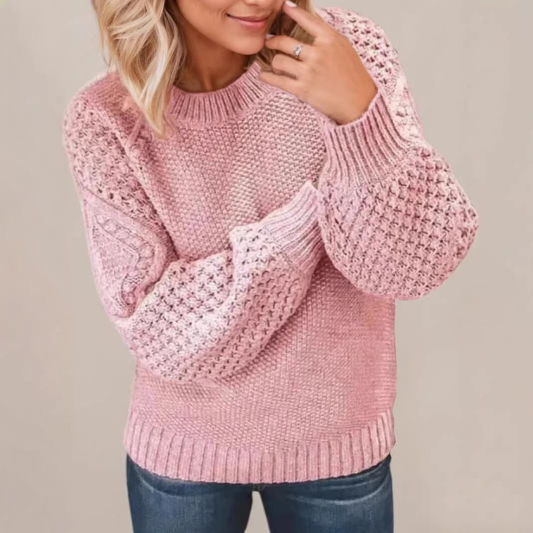 Plus-size knit sweater, round neck pullover with ribbed cuffs and hem, pink textured knit