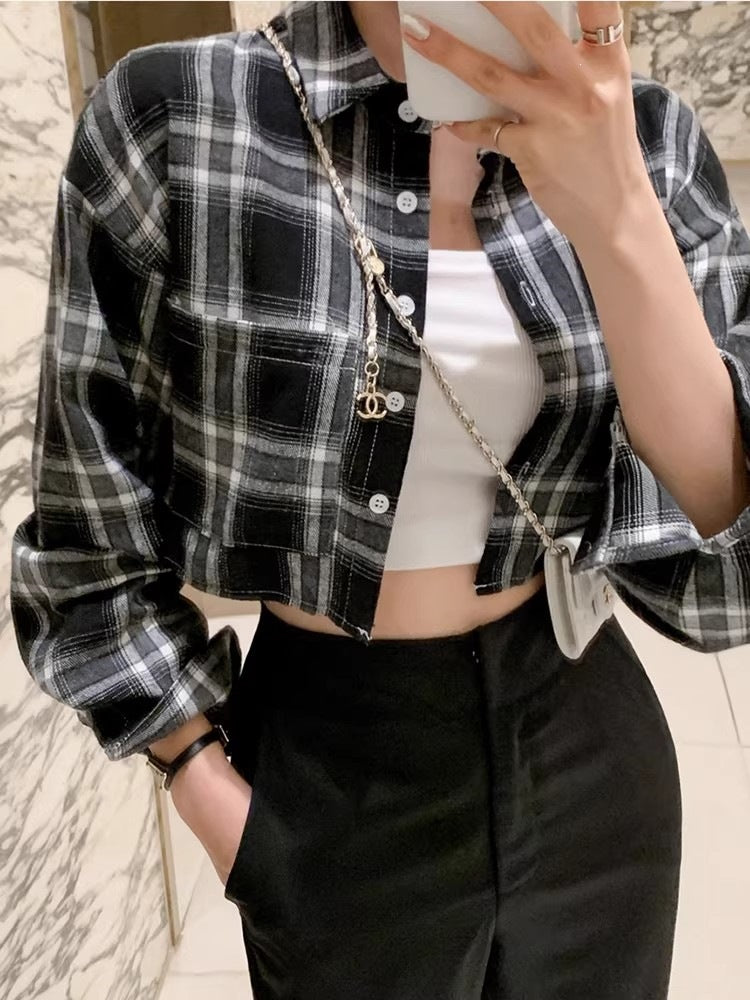 Cropped Plaid Shirt for Women — Button Front Drop Shoulder Layering Top in Cotton