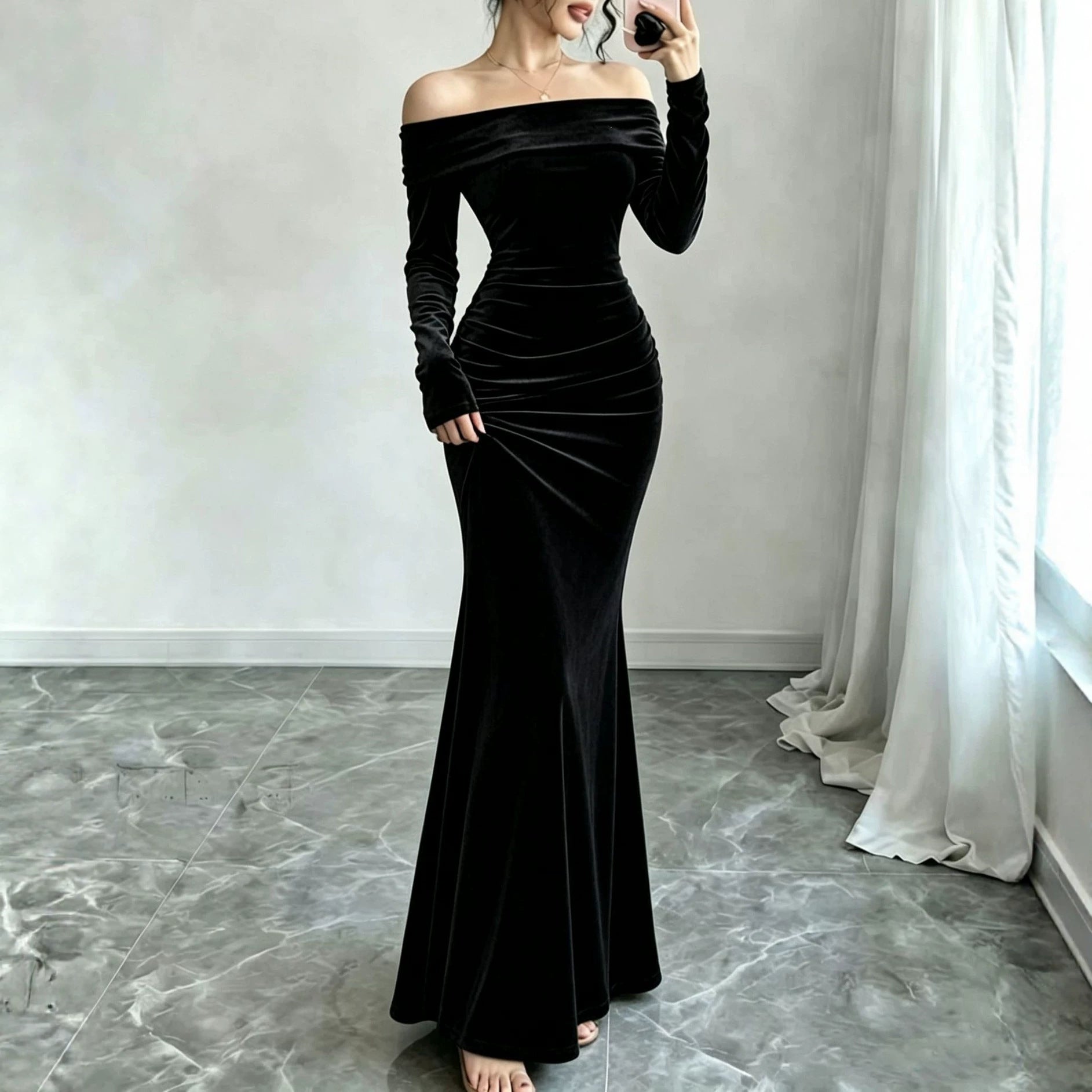 Velvet Maxi Dress with Off Shoulder Neckline — Long Sleeve Ruched Mermaid Gown