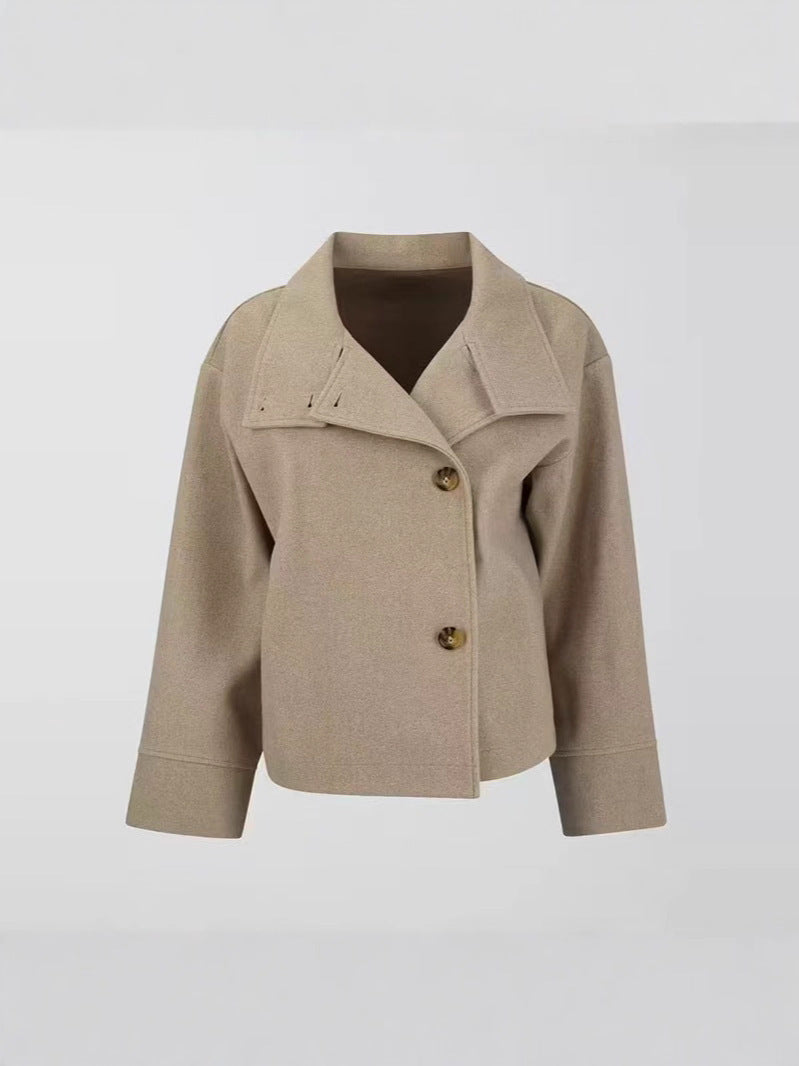 Women’s wool jacket, beige collared button front, long sleeves