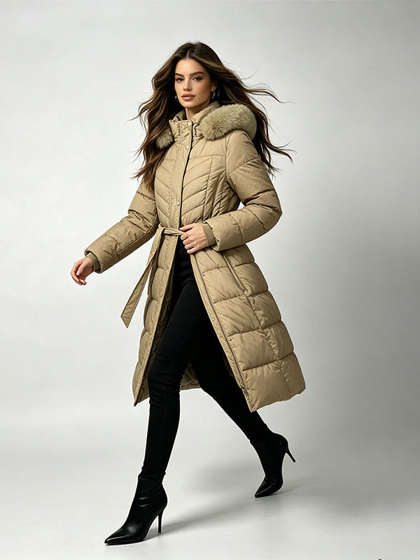 Women's long belted puffer coat with fur-trimmed hood, beige
