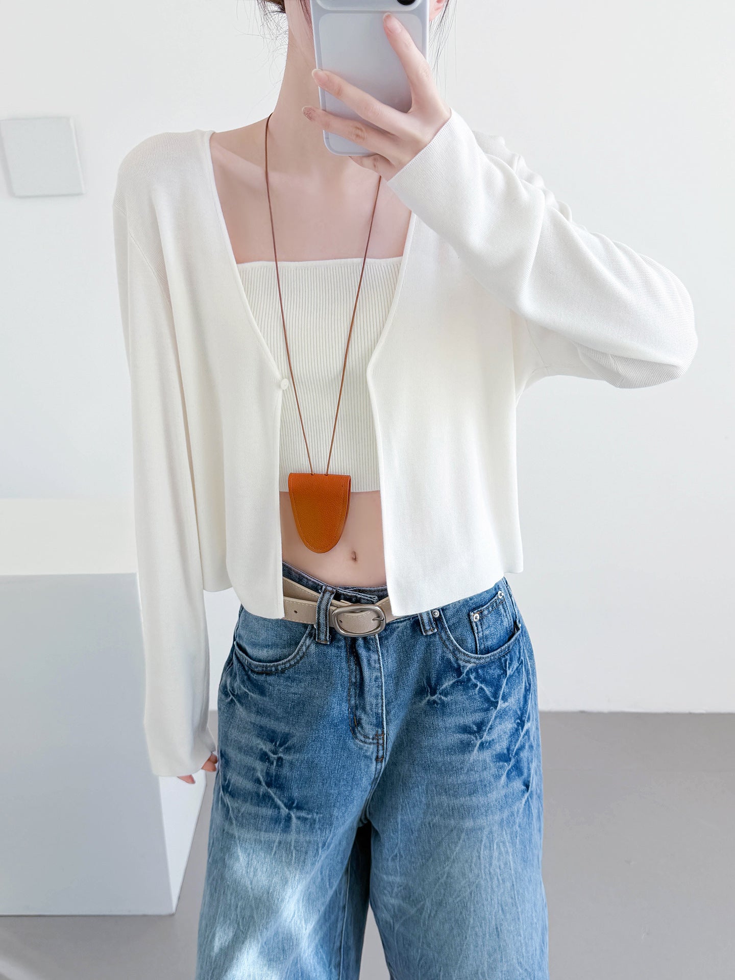 V-neck cropped cardigan for women, lightweight long sleeves with one front button, white