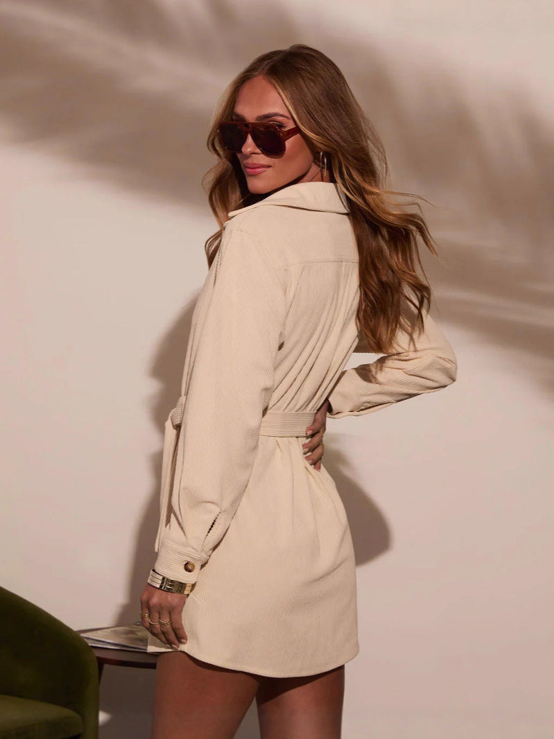 Belted Corduroy Shirt Dress — Long Sleeve Mini with Tie Waist and Horn Buttons