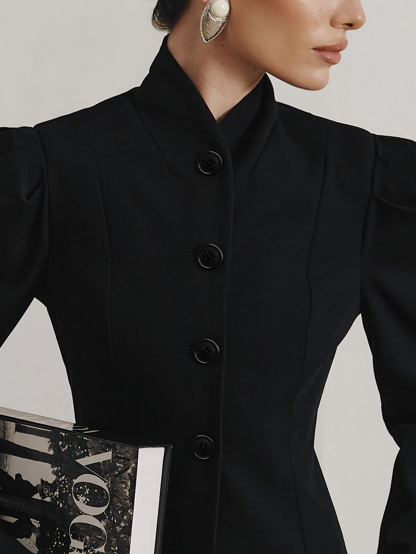 Fitted Blazer for Women — Stand Collar Puff Sleeve Jacket in Wool Blend