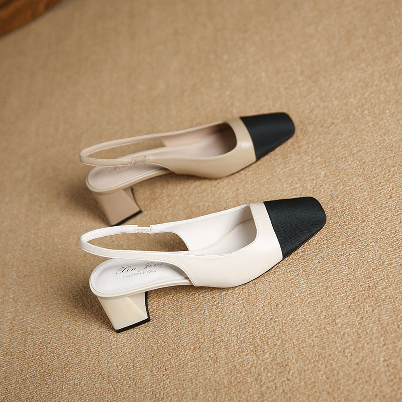 Pair of women’s color-block square-toe slingback chunky-heel sandals, cream with black panels