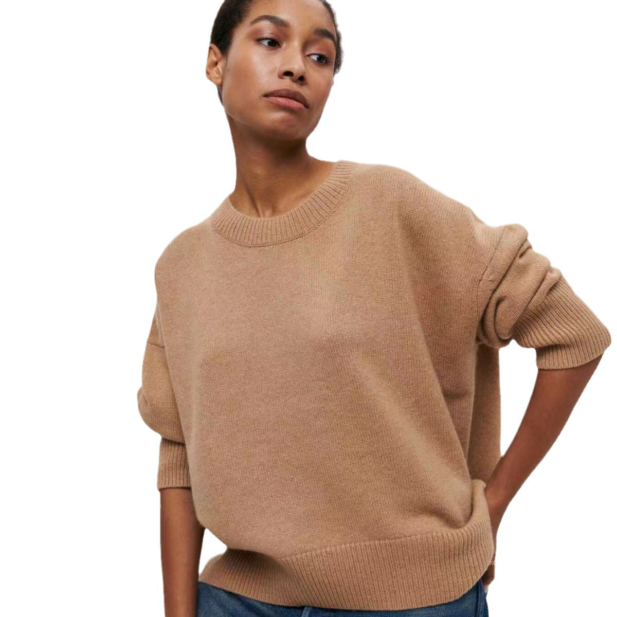 Camel crew-neck sweater with rolled sleeves and ribbed trim