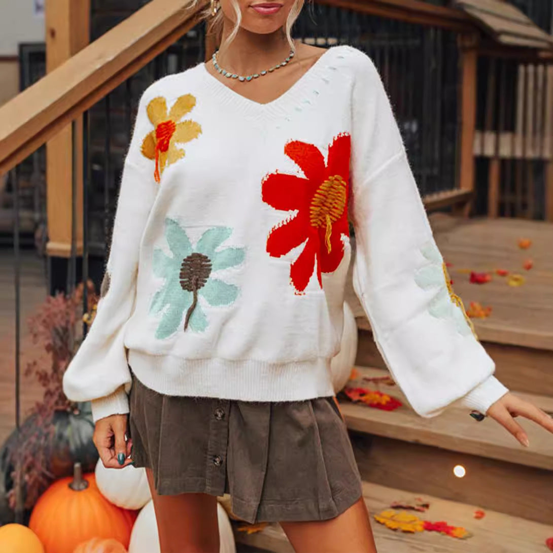 Floral Sweater for Women — Oversized V Neck Knit with Embroidered Blooms in Wool