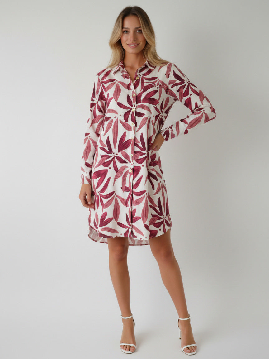 Red and white printed long-sleeve shirt dress with button front, knee length