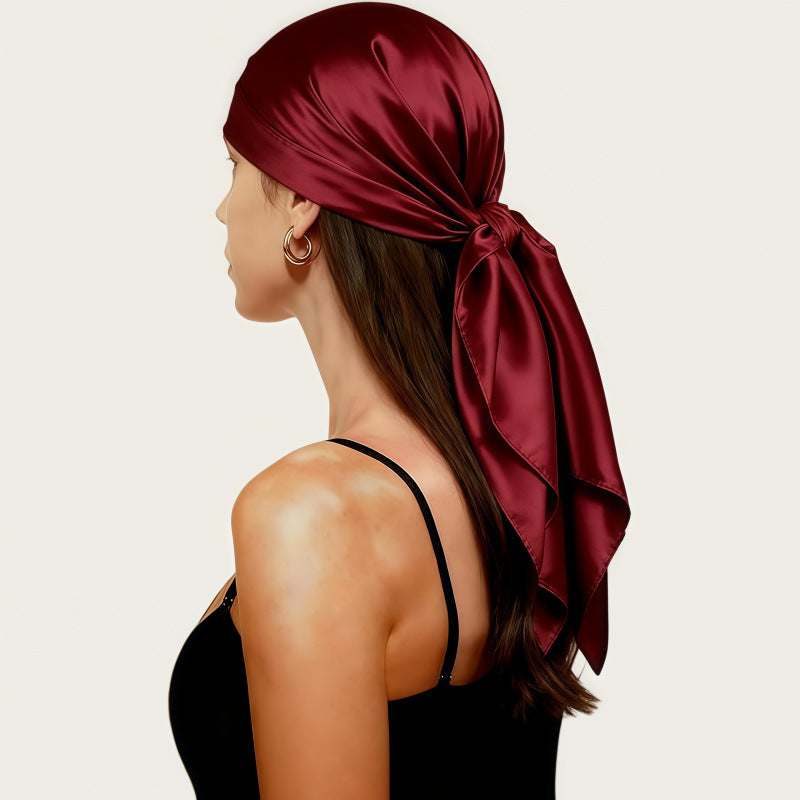 Burgundy satin square scarf headscarf tied with a long bow at the back