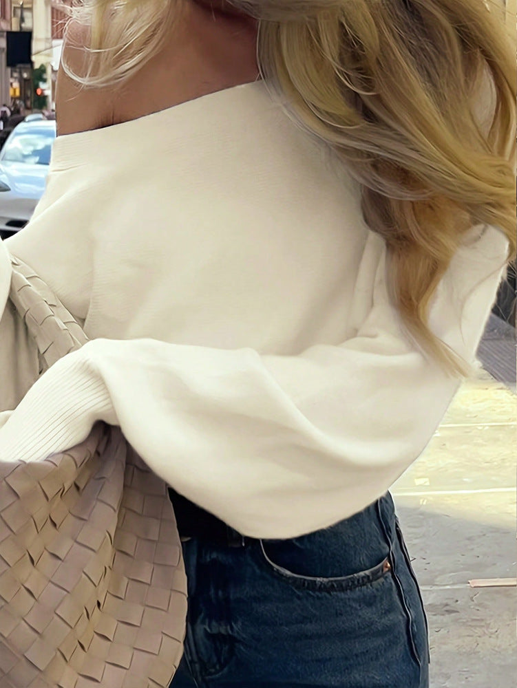 Asymmetric off-shoulder women's sweater in cream, ribbed knit hem and cuffs