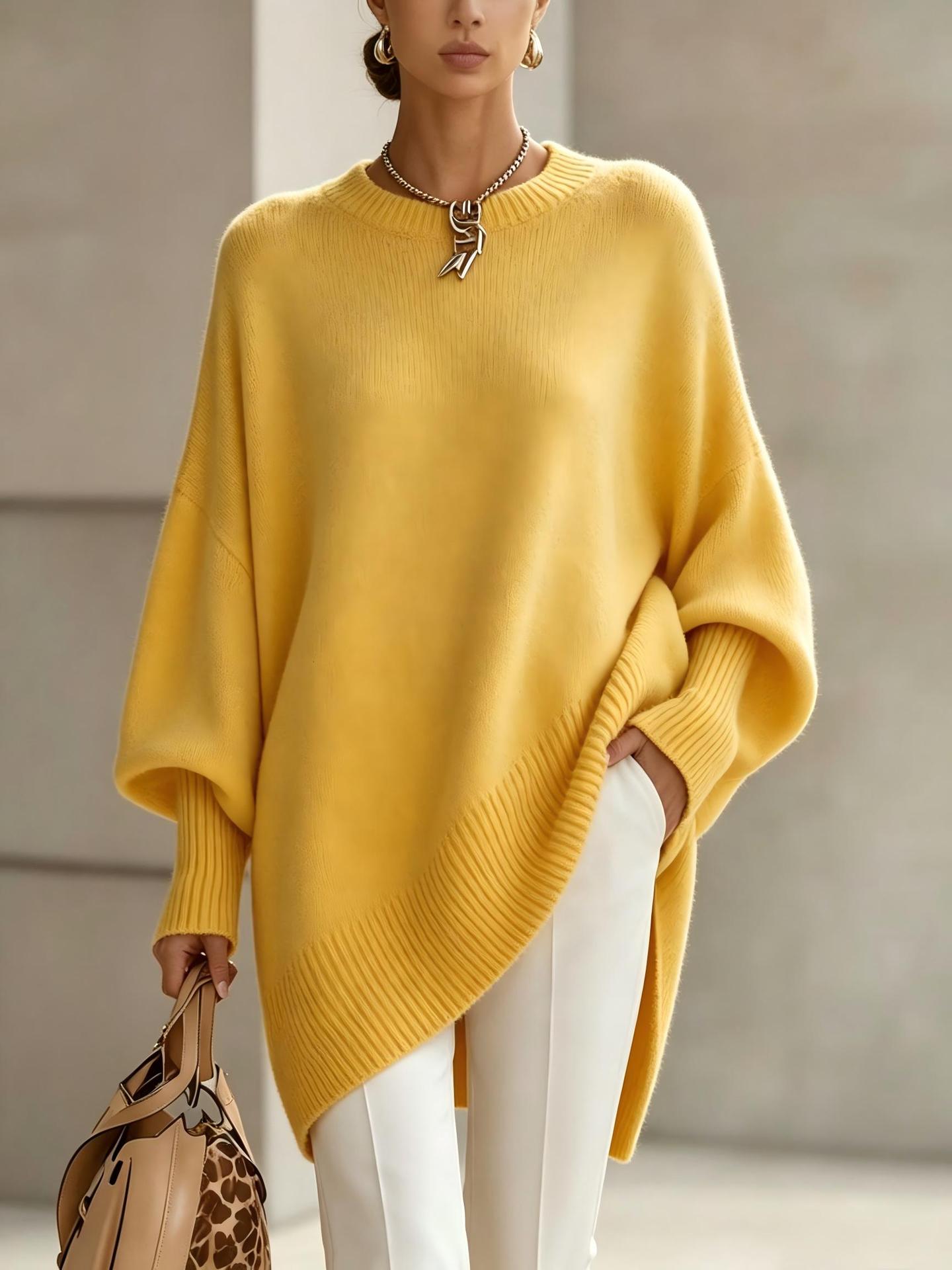Oversized Sweater for Women — Batwing Sleeve Knit Pullover with Asymmetric Hem in Merino Wool