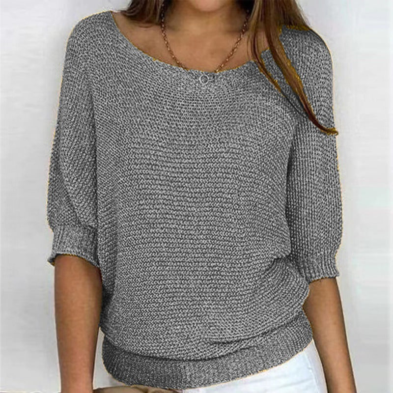 Off-shoulder knit sweater in heather gray, batwing sleeves with gathered cuff detail
