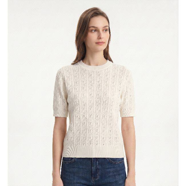 Short Sleeve Cable Knit Sweater for Women — Lightweight Crewneck Pullover in Cotton