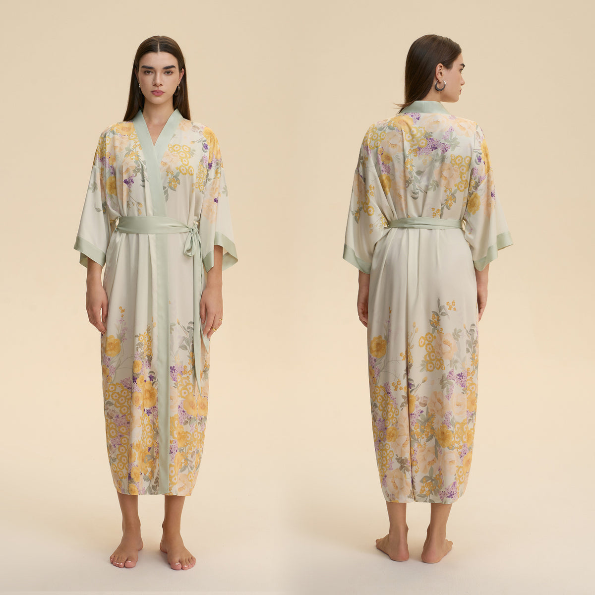 Light green floral satin V-neck robe nightgown with tie belt, mid-calf length