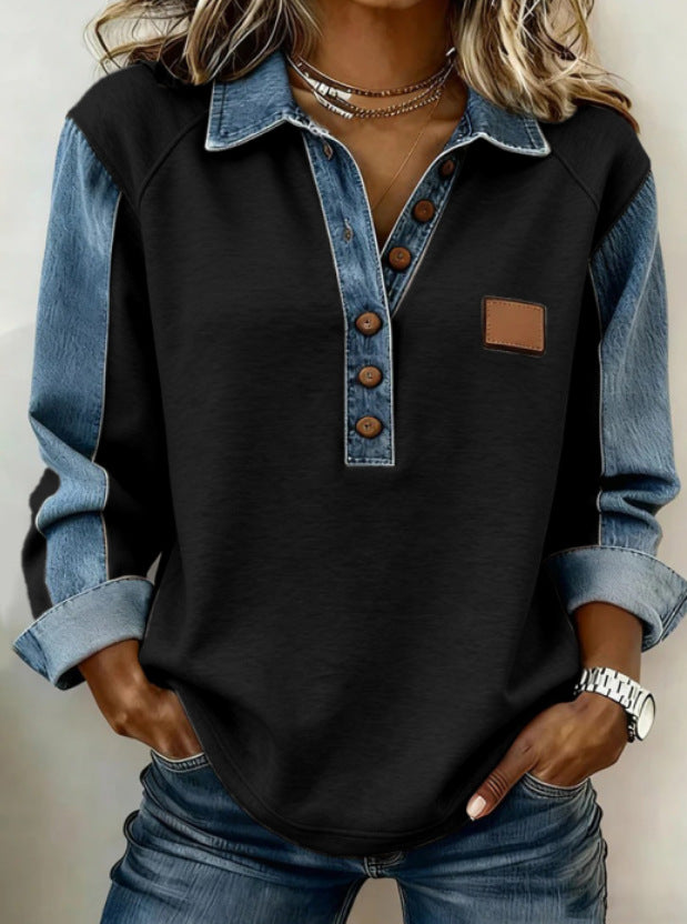 Cable Knit Sweater for Women — Denim Collar Cuffs and Hem with Button Placket in Wool