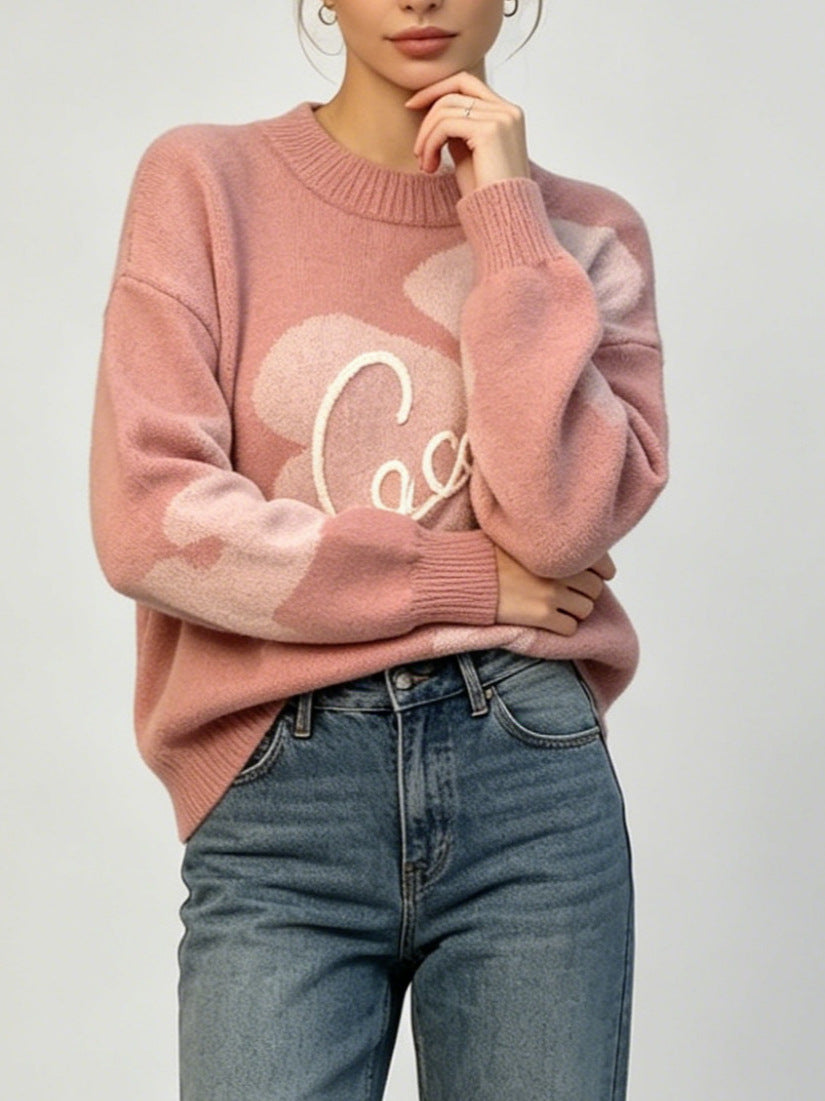 Floral Sweater for Women — Oversized Crew Neck Knit Pullover in Soft Wool