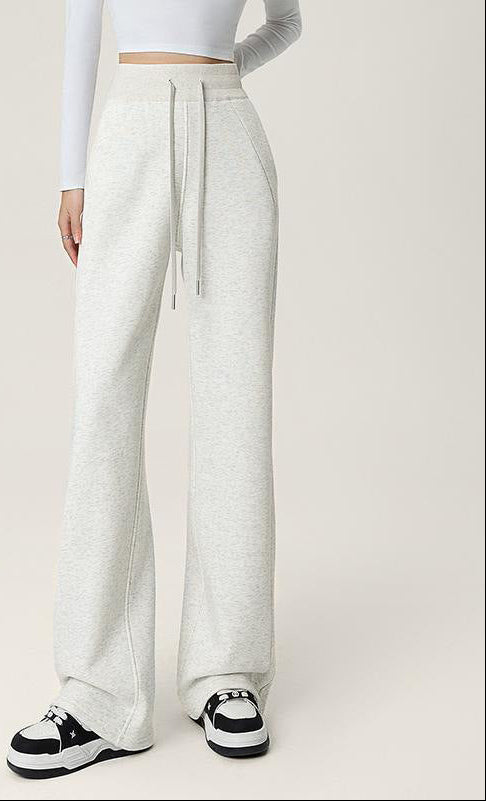 Women’s high-waisted wide-leg sweatpants, light gray, side view, drawstring waist