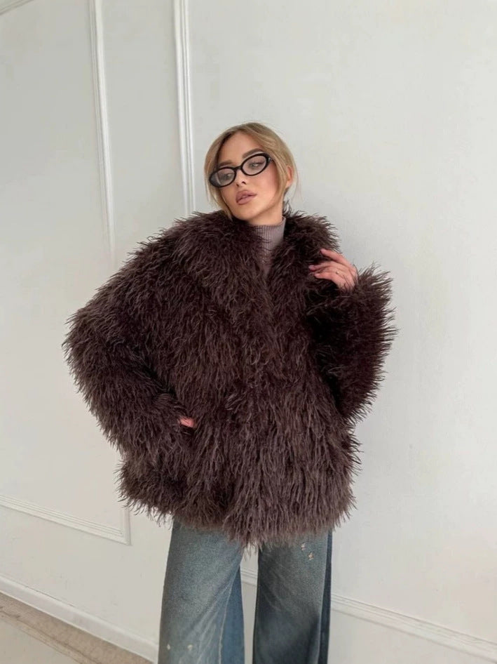 Dark brown shaggy fur coat with oversized collar and relaxed silhouette