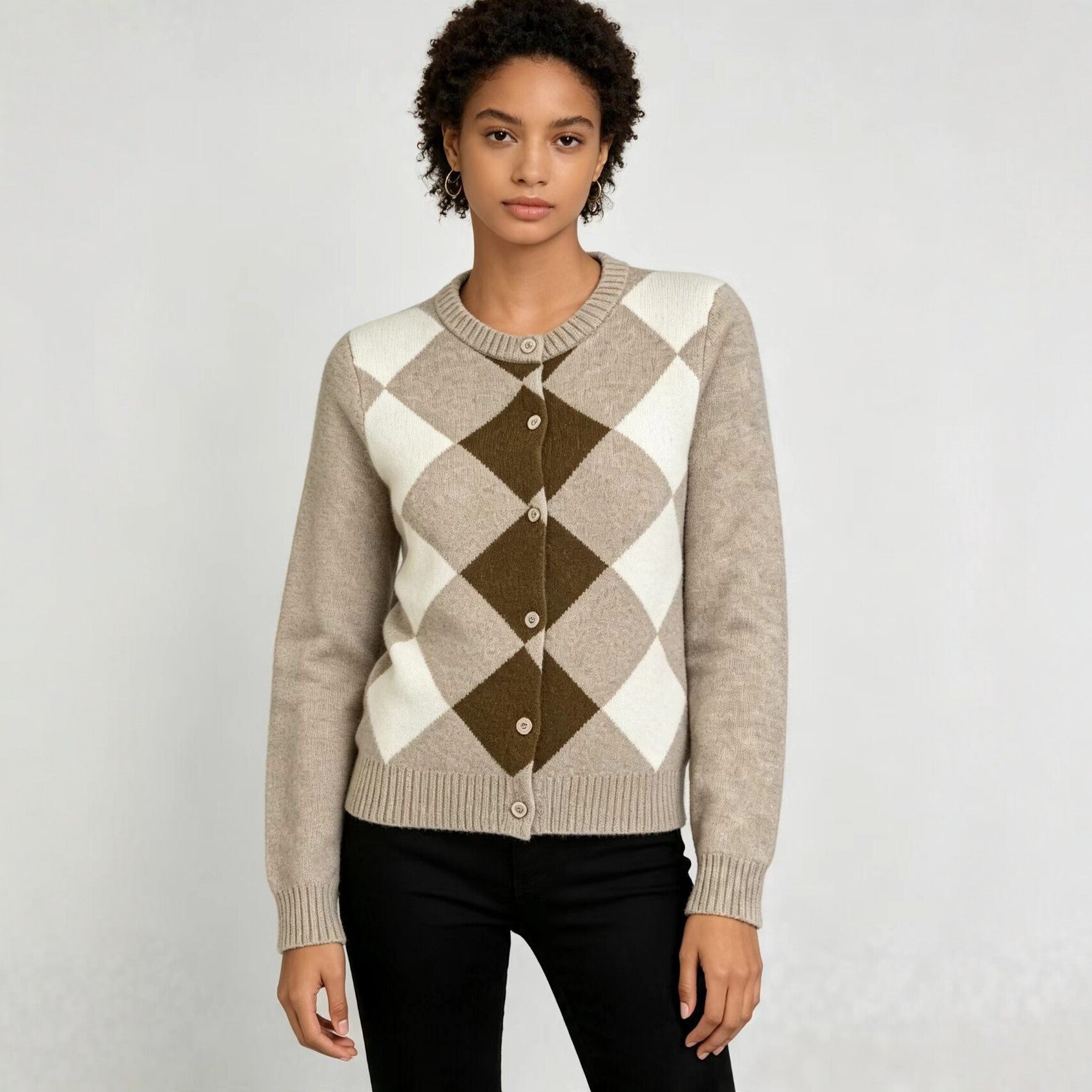 Argyle Cardigan for Women — Button Front Diamond Knit Preppy Style in Soft Wool