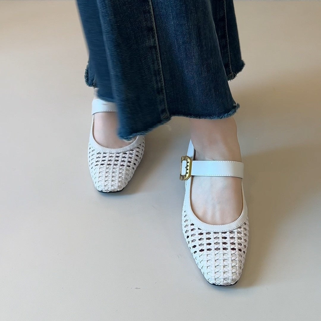 Off-white woven Mary Jane heels with single ankle strap and square toe