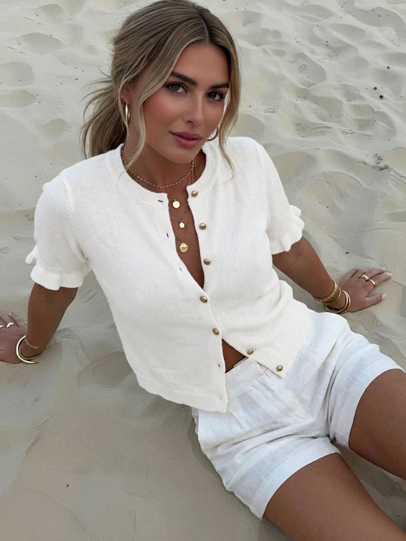 Short Sleeve Knit Cardigan for Women — Button Front Ruffle Cuff Style in Soft Cashmere