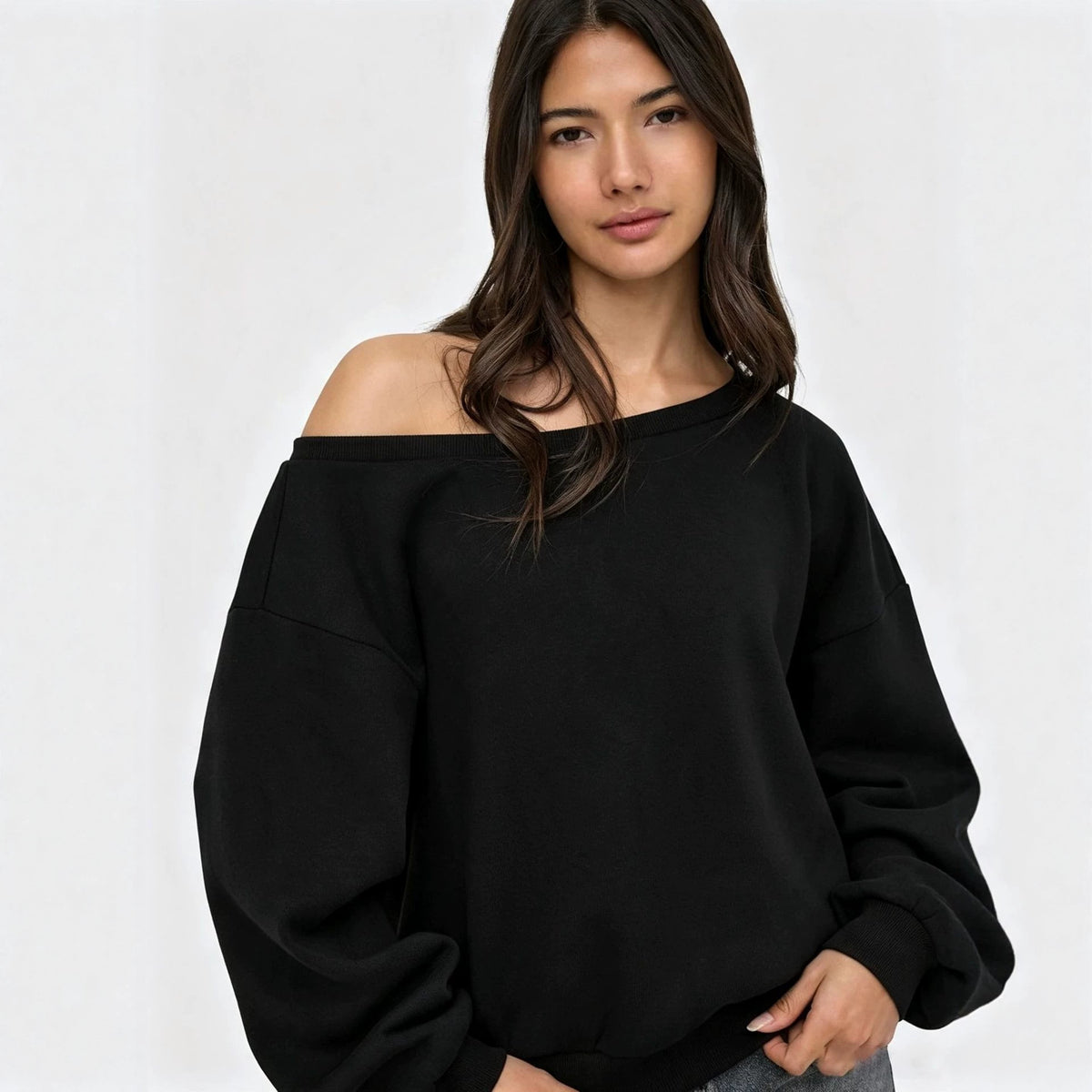 Women’s off-shoulder loose long-sleeve sweatshirt top, black with asym neckline