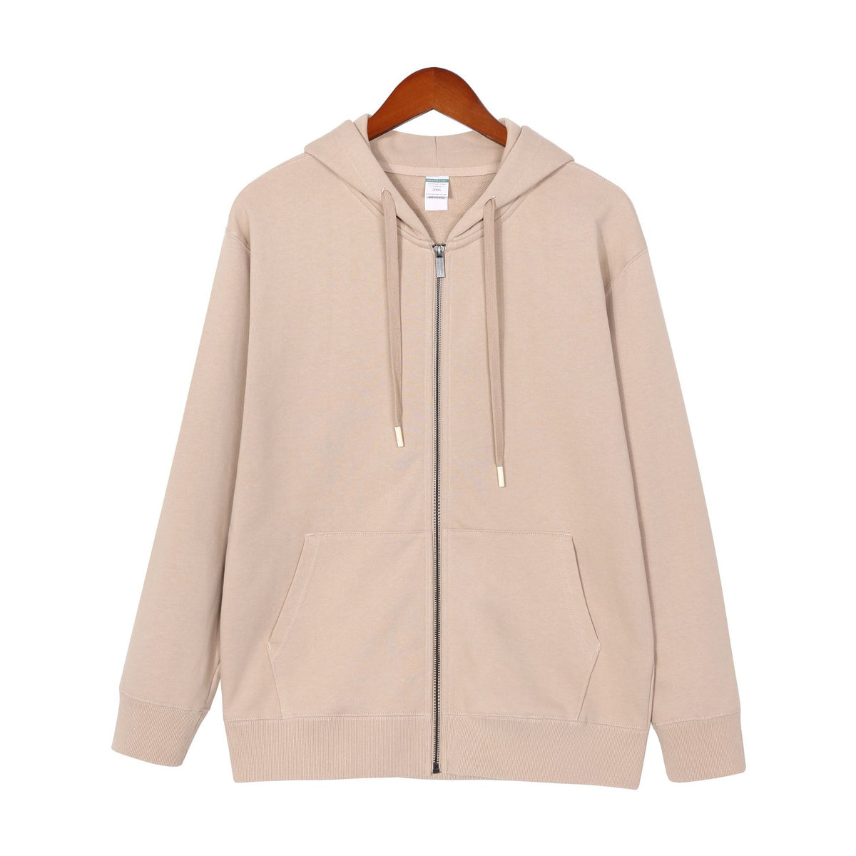 Women’s cashmere zip-up hoodie in beige, brushed knit with hood and front pockets