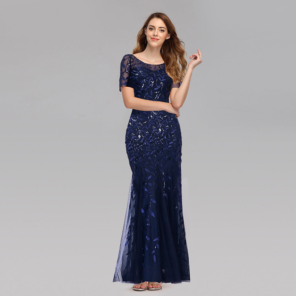 Women's mesh sequin fishtail evening dress, short sleeves, scoop neck, navy blue
