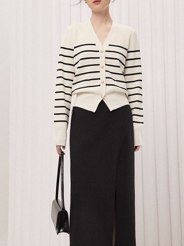 Women’s cream black-striped knit sweater with button front, V-neck and long sleeves