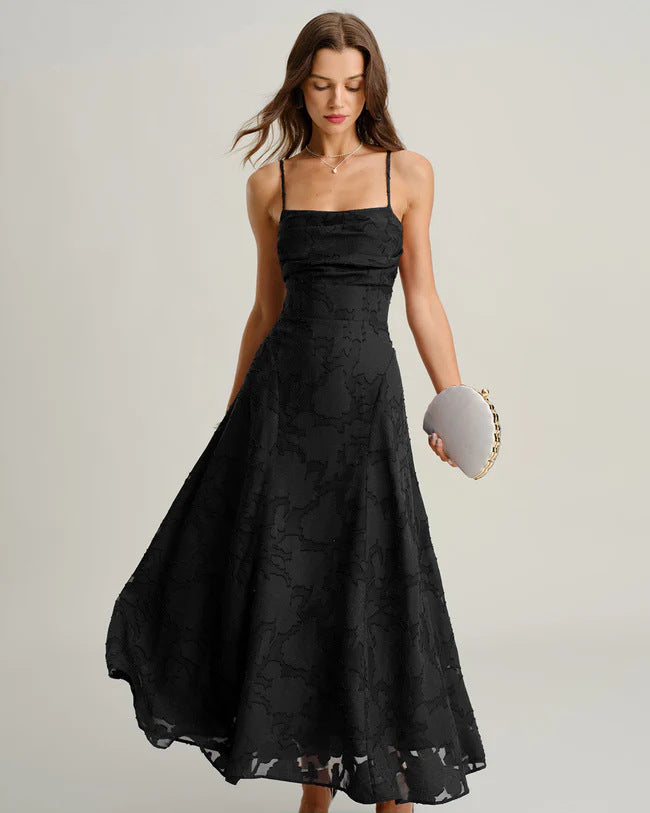 Floral Midi Dress with Spaghetti Straps — Elegant Burnout Style in Chiffon