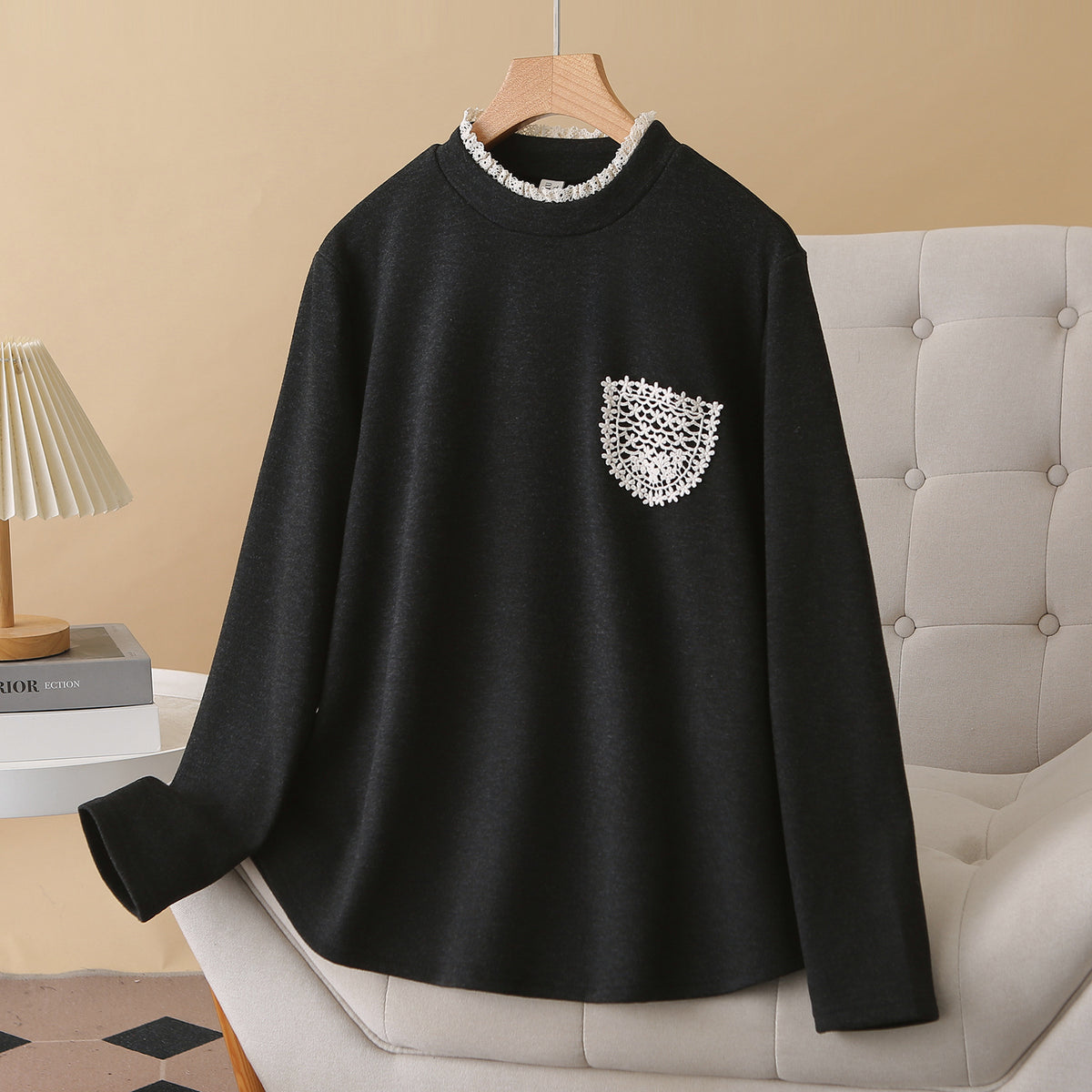 Fleece-lined base shirt in black with faux lace collar and textured heart chest pocket