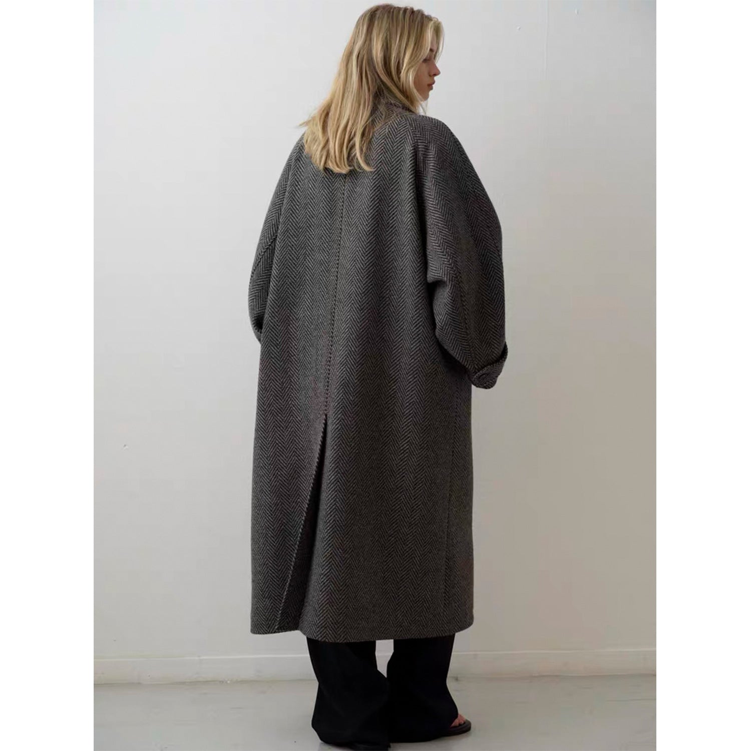 Herringbone Wool Coat for Women — Oversized Long Maxi Overcoat with Dropped Shoulders