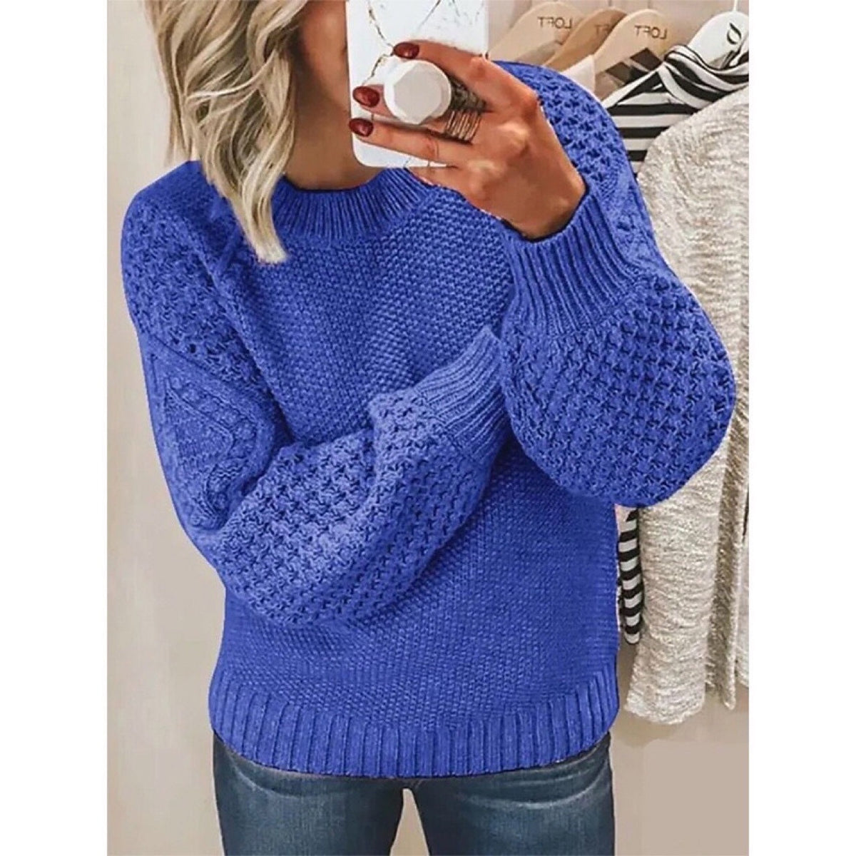 Plus-size knit sweater, round neck pullover with ribbed cuffs and hem, bright blue textured knit