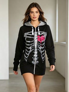 Skeleton Zip Up Hoodie for Women — Longline Y2K Graphic Print in Cotton Jersey