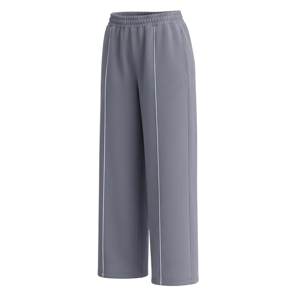 Loose yoga pants, light gray-blue straight-leg style with elastic waistband and stripe.