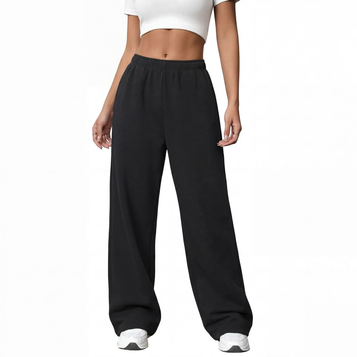 Women’s black wide-leg pants with elastic waistband and roomy straight-leg silhouette