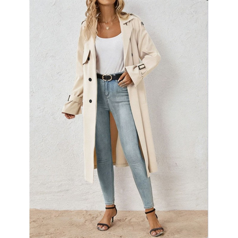 Long Trench Coat for Women — Classic Double Breasted Belted Style in Cotton