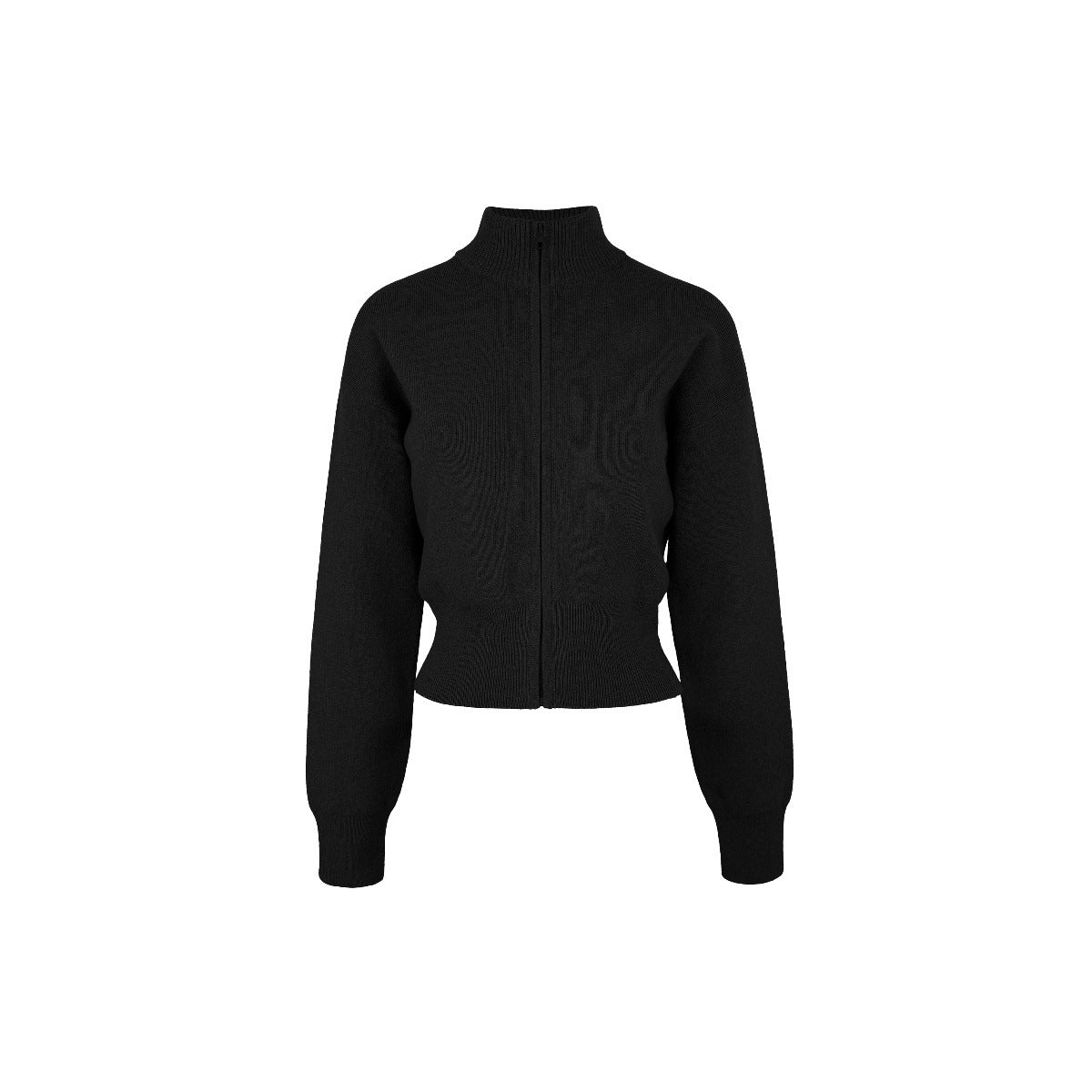 Black cropped zip-up mock neck knit cardigan with ribbed hem