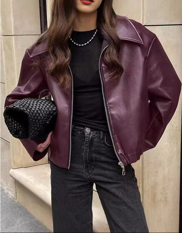 Faux Leather Bomber Jacket for Women — Oversized Cropped Fit with Point Collar