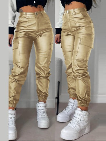 Gold faux-leather slim-fit biker pants with zipper and pleated patch pockets