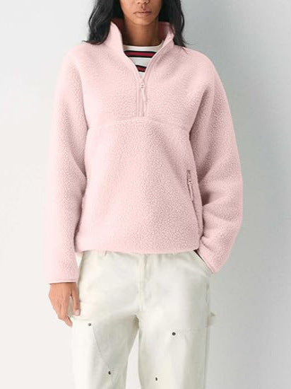 Women's lamb wool fleece quarter-zip pullover, light pink, long sleeves