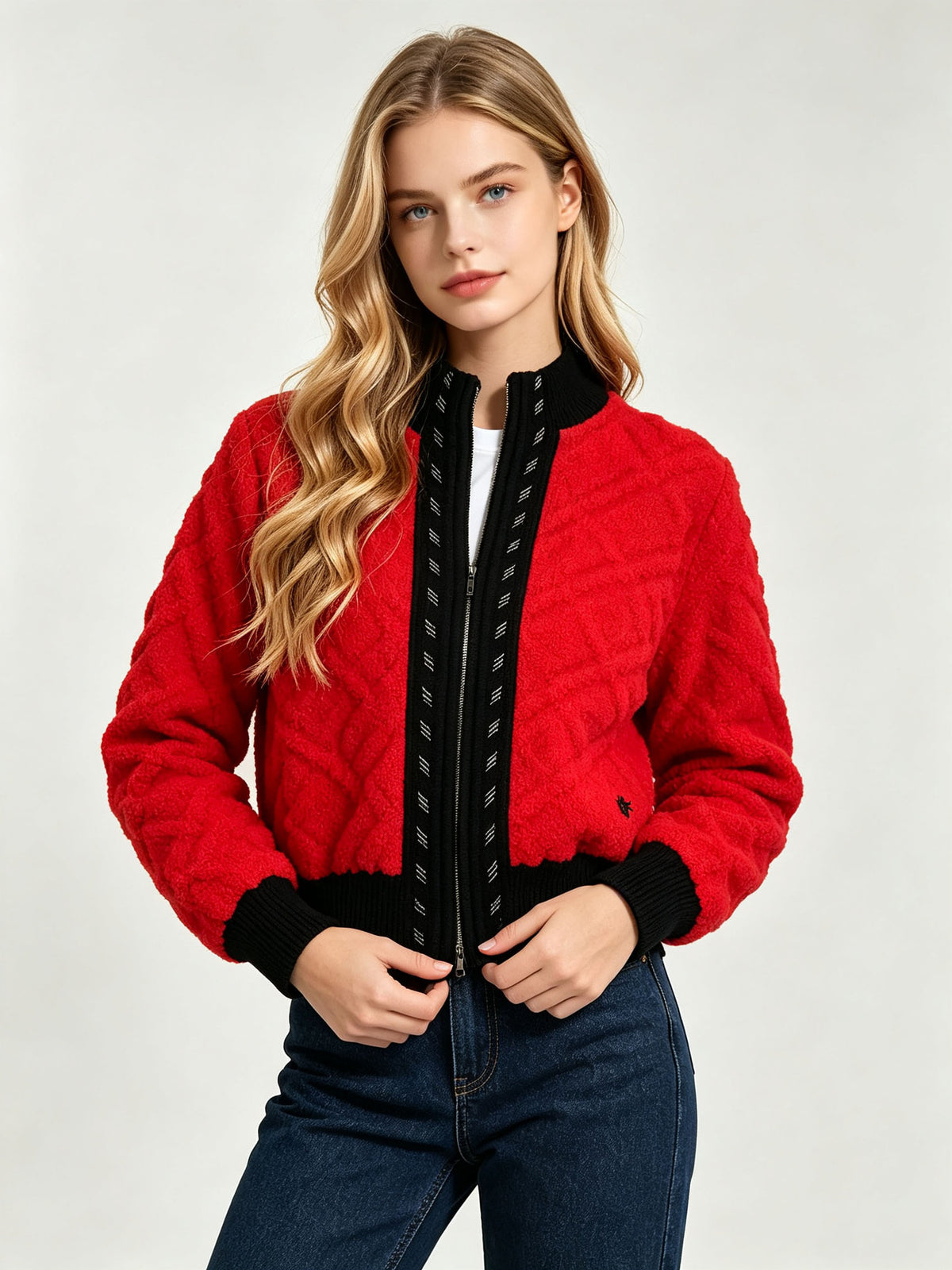 Red cable-knit cardigan with black zip placket, stand collar and ribbed cuffs.