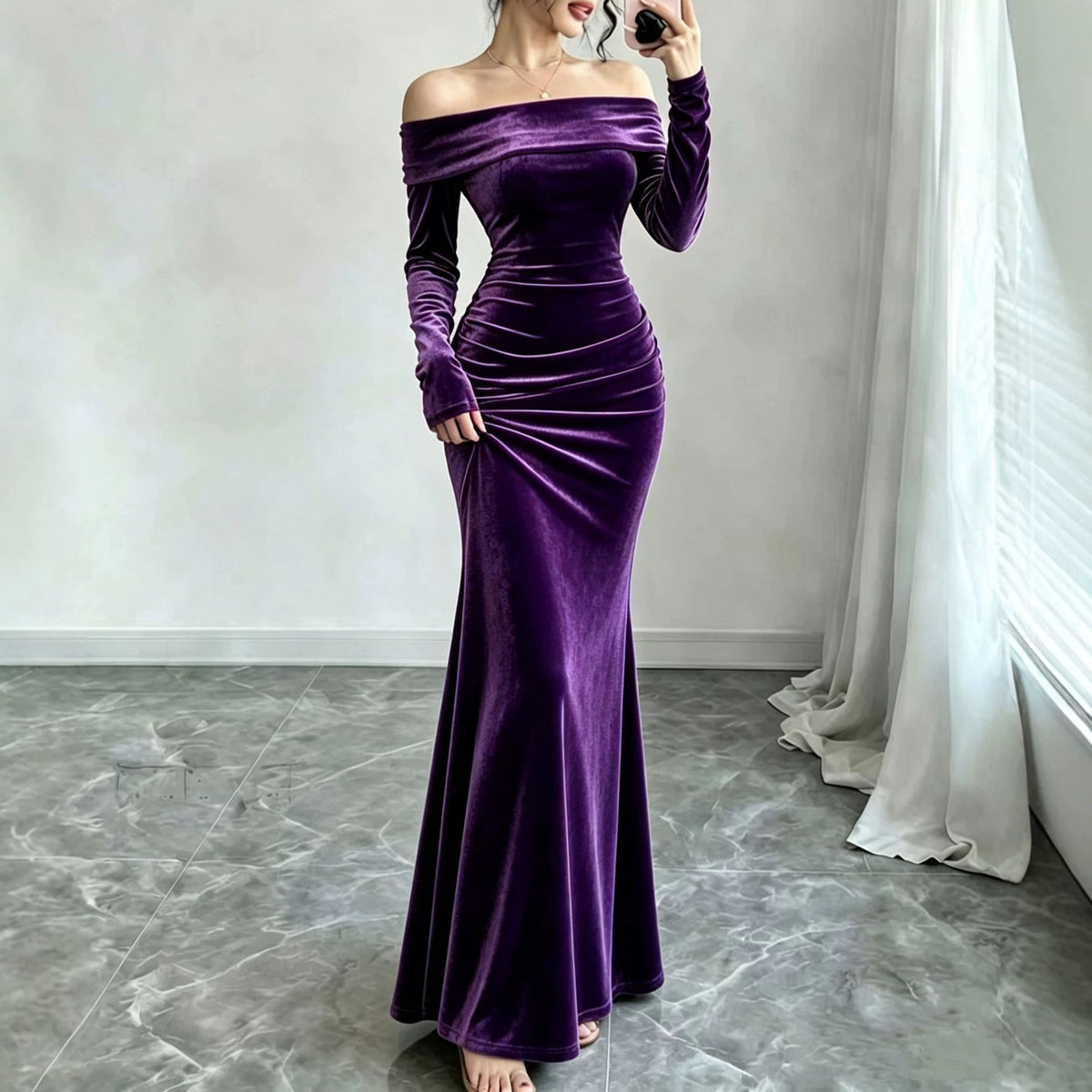 Velvet Maxi Dress with Off Shoulder Neckline — Long Sleeve Mermaid Evening Gown