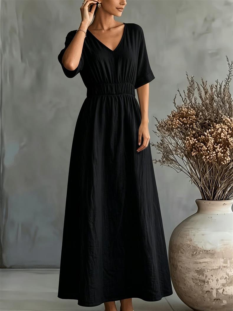 Short Sleeve Maxi Dress — V Neck Smocked Waist Style with Flared Skirt in Viscose